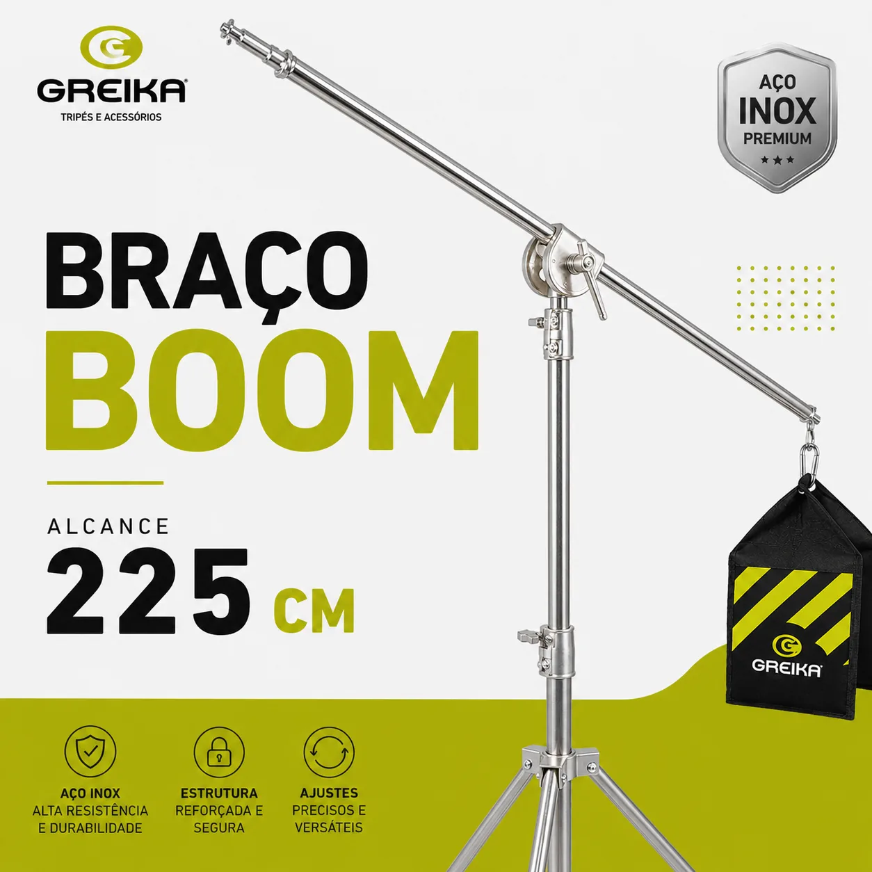 Braço Boom Girafa Inox Greika Alcance 225 cm P/ Tripé de Iluminação