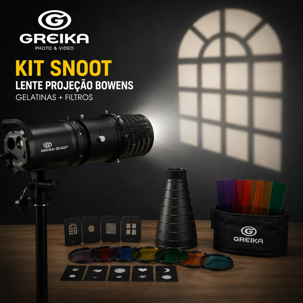 Kit Snoot Lente Projeção Bowens Greika Gelatinas + Filtros