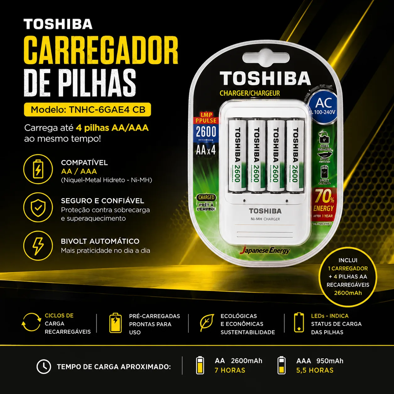 Carregador de Pilhas Toshiba + 4 Pilhas Recarregáveis AA