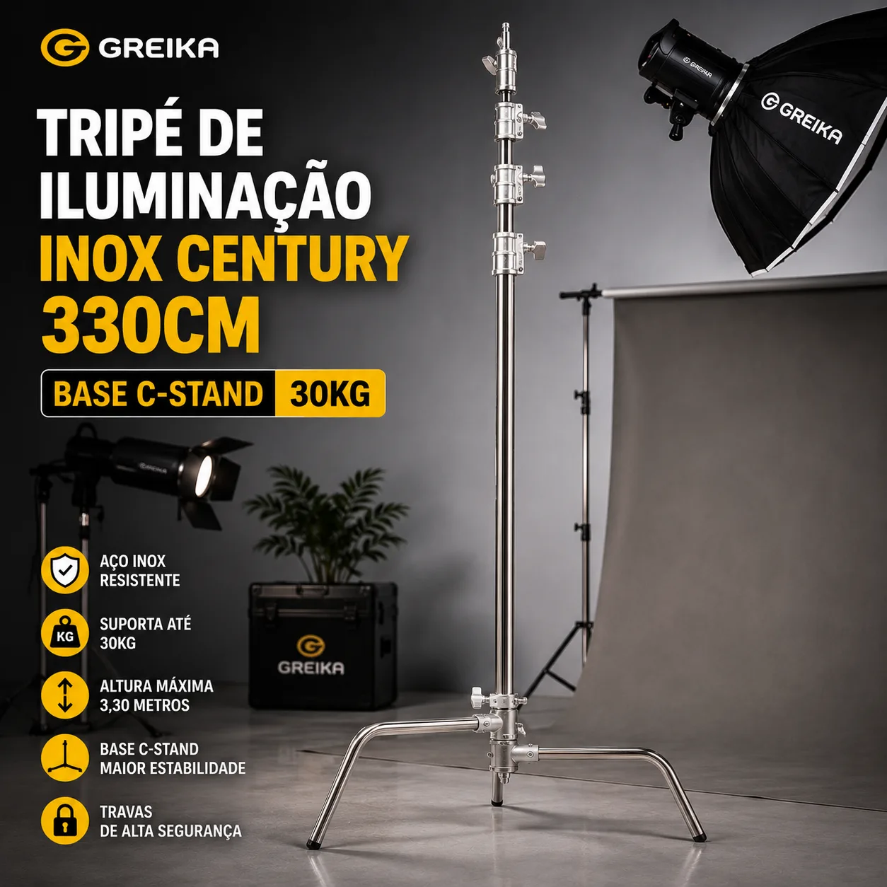 Tripé De Iluminação Inox Century 330cm Com Base C-stand 30kg