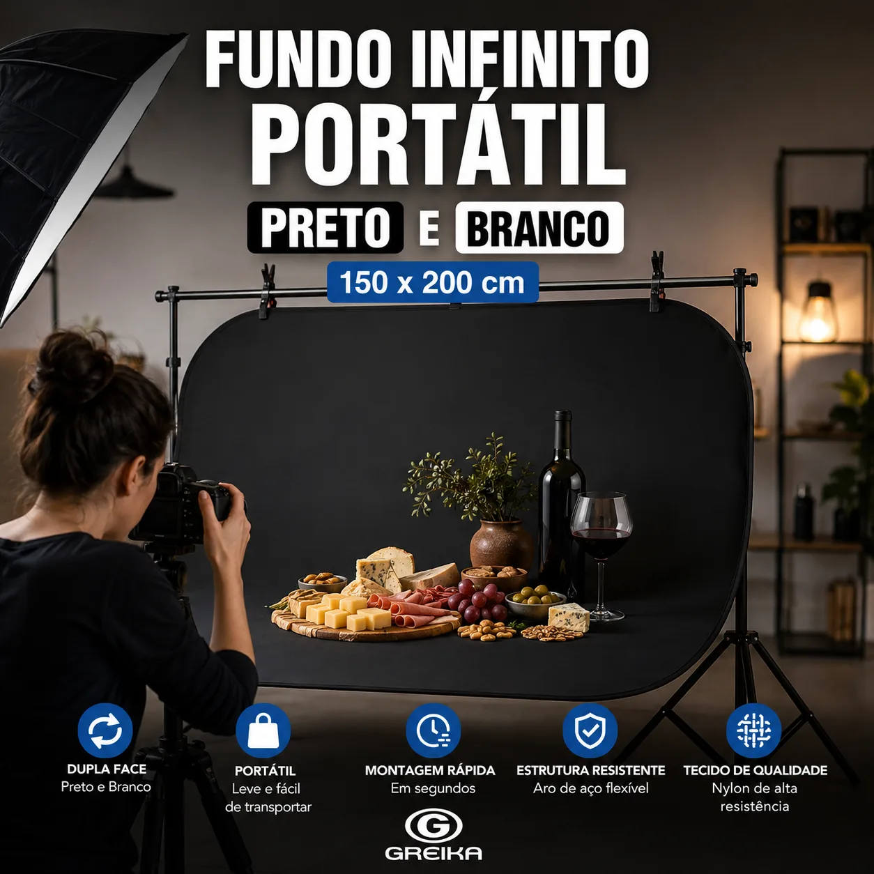 Fundo Infinito Portátil Preto E Branco 150x200cm - Greika