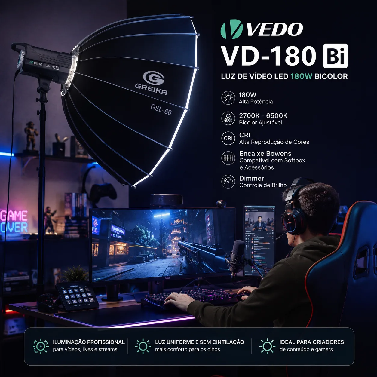 Iluminador Luz De Vídeo Led Vedo 180w Bicolor 2700k-6500k