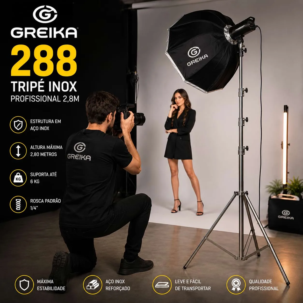 Tripé de Iluminação Inox Greika 2,8m Profissional Para Estúdio Foto Vídeo