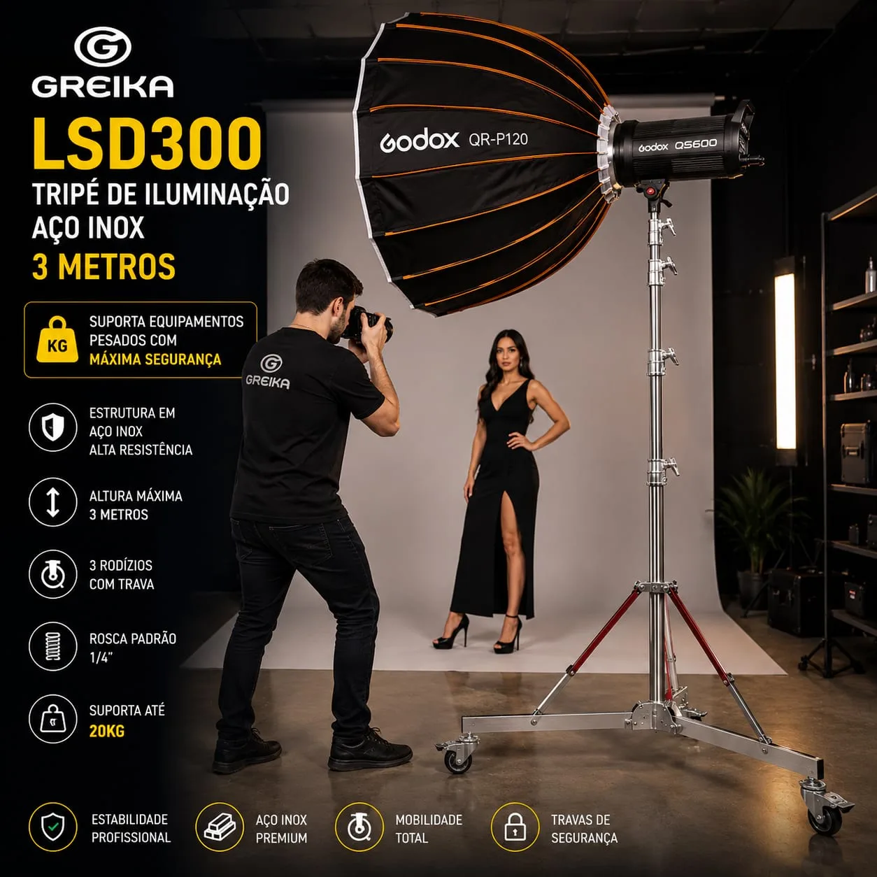 Tripé De Iluminação Aço Inox Greika Alcance 3 Metros Lsd300