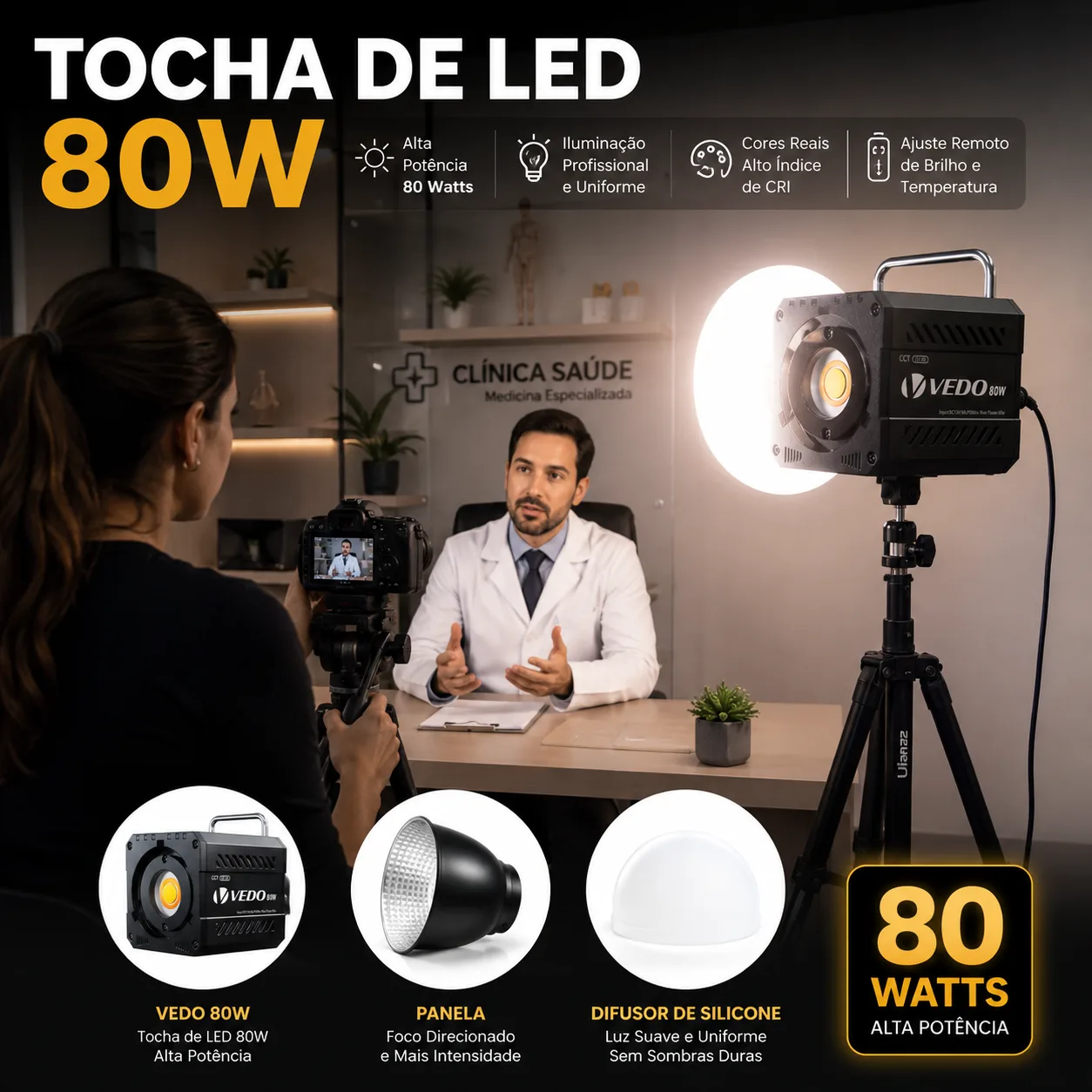 Tocha de Led 80W Luz Quente e Frio com Panela e Conexão Mini Bowens
