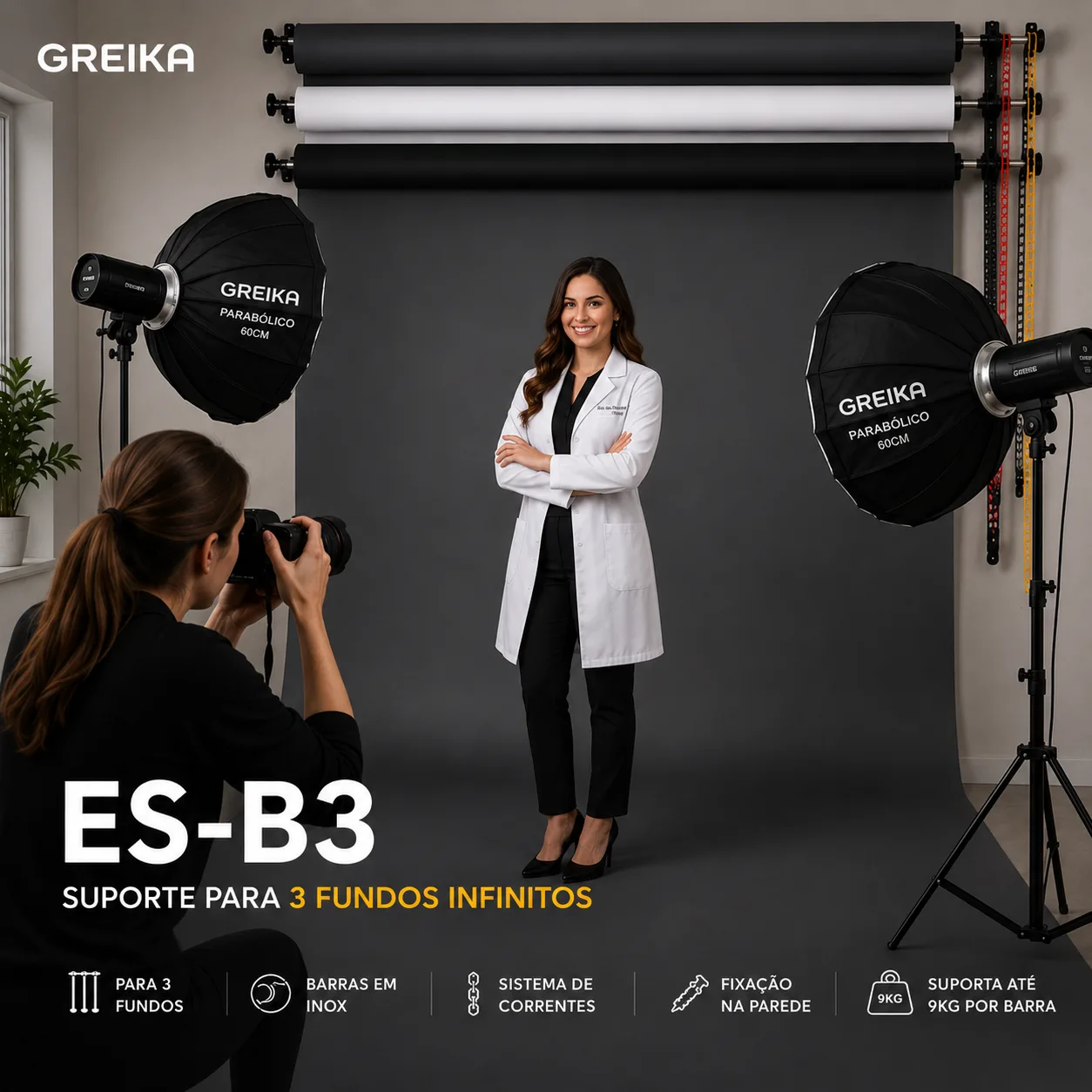 Suporte de Parede para 3 Fundos Infinitos Greka com Recolhimento Modelo ES-B3