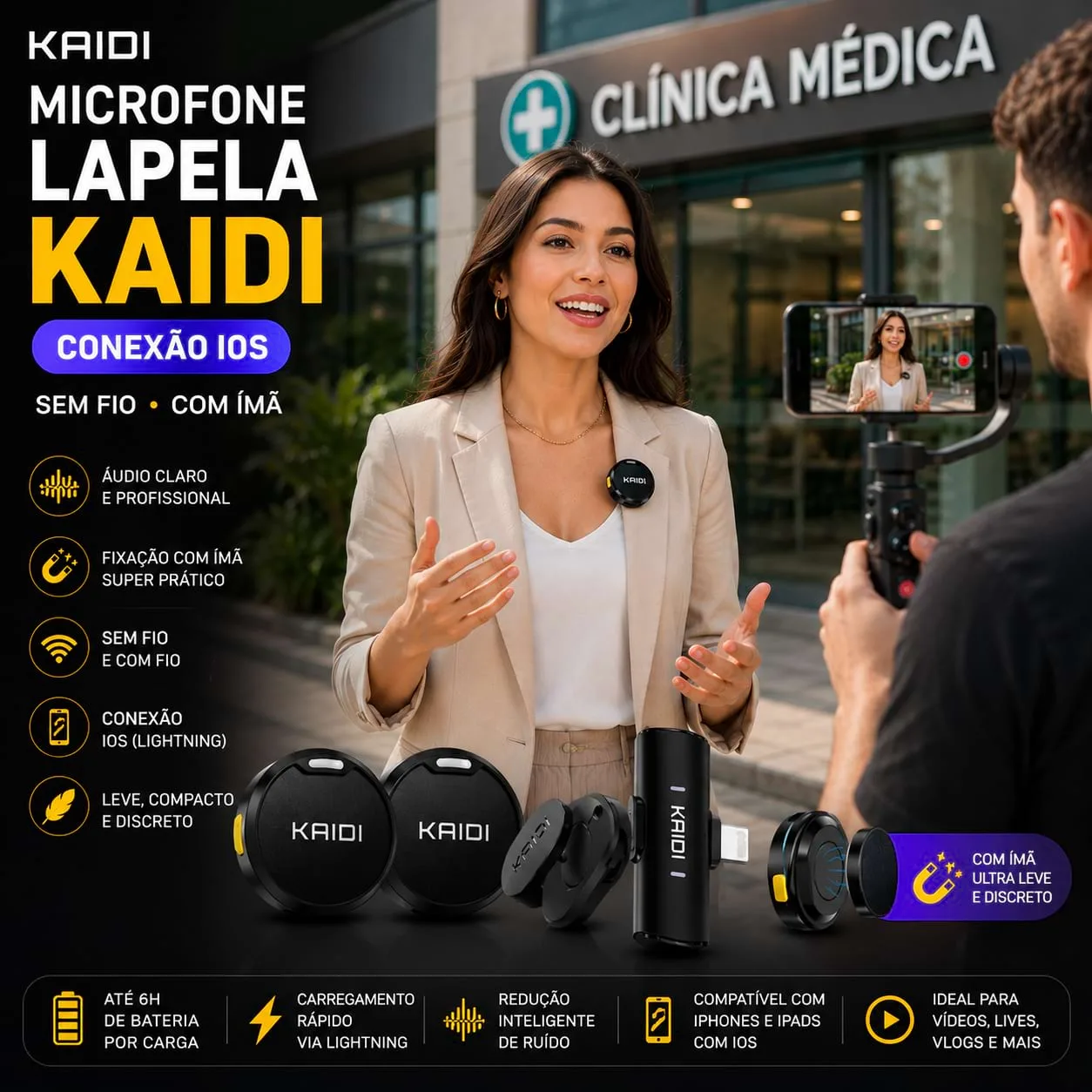 Microfone de Lapela Kaidi Conexão Lightning