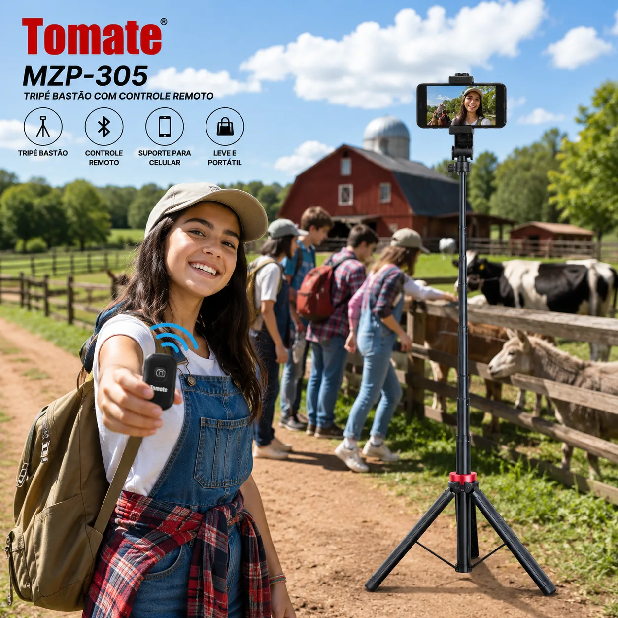 Tripé Bastão Selfie Tomate com Controle Remoto
