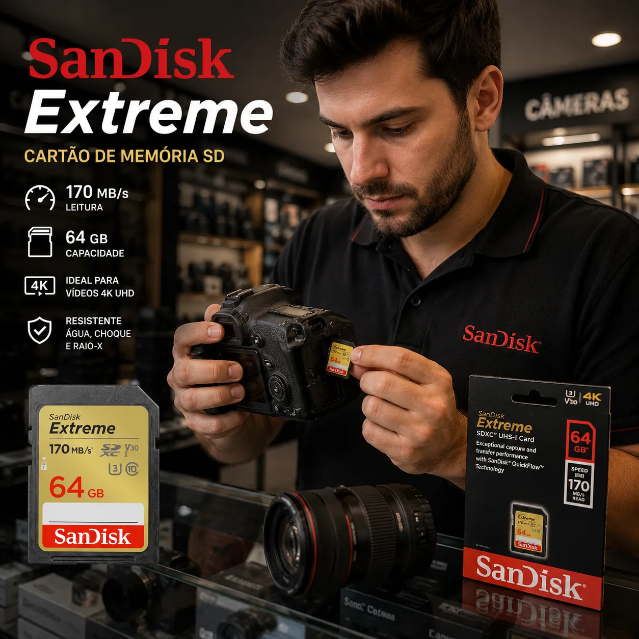 Cartão de Memória Sandisk SD 64gb Extreme 170 mb/s