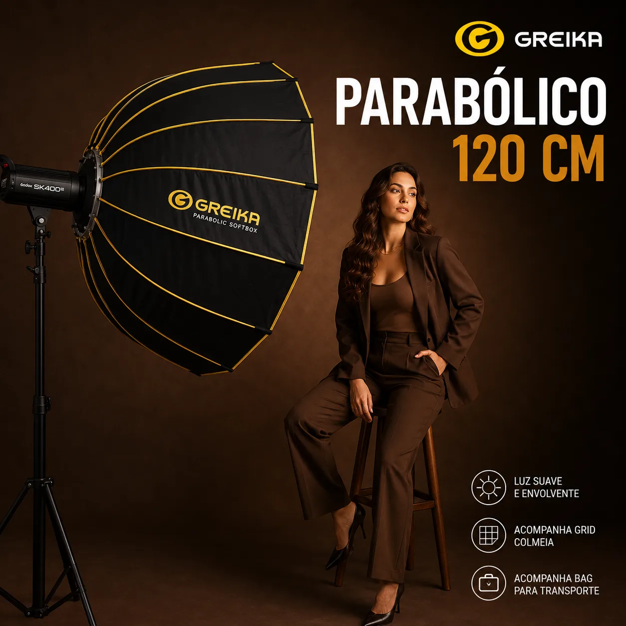 Softbox Parabólico Greika 120 cm Bowens com Grid+Difusor