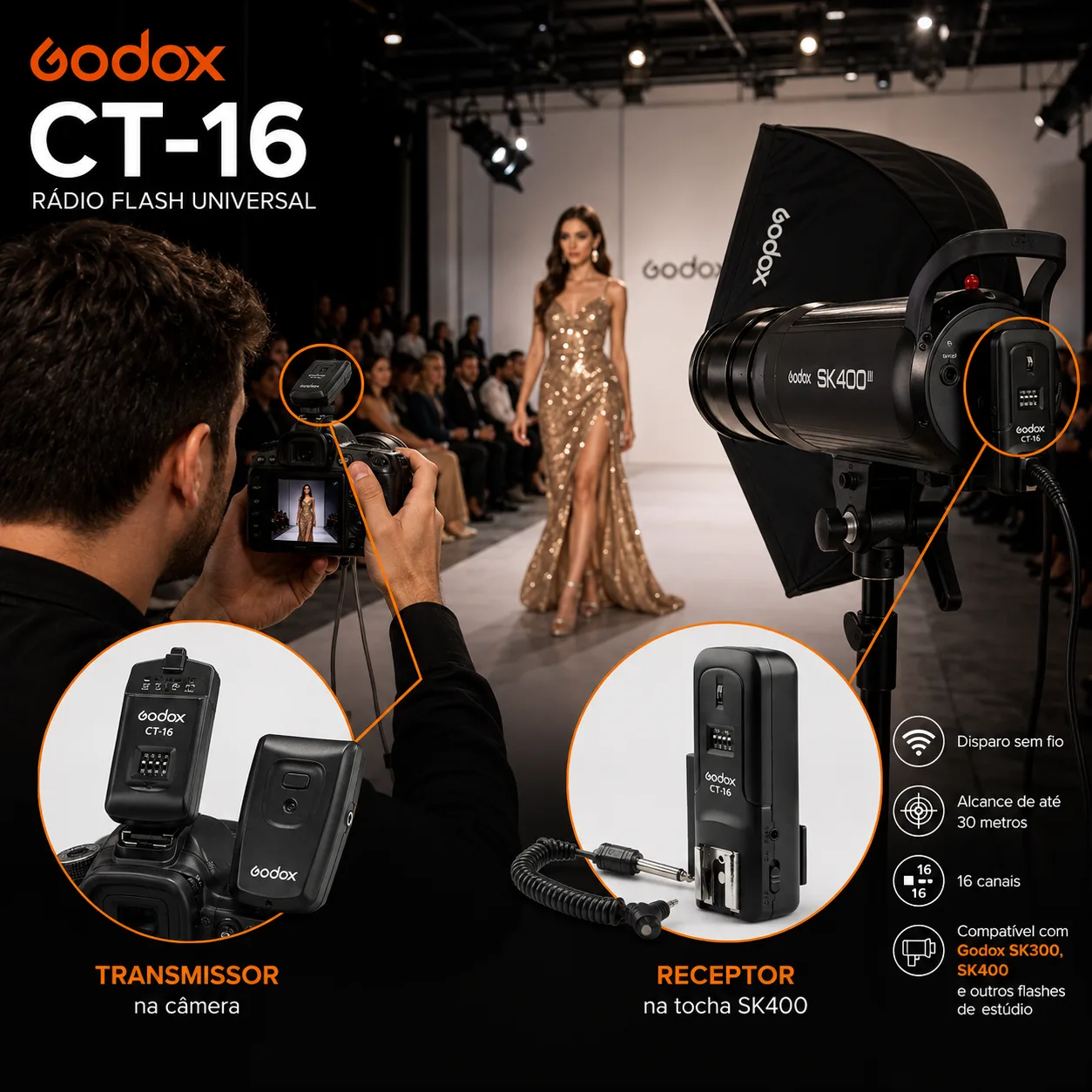 Rádio Flash Universal Godox CT-16 Transmissor + Receptor