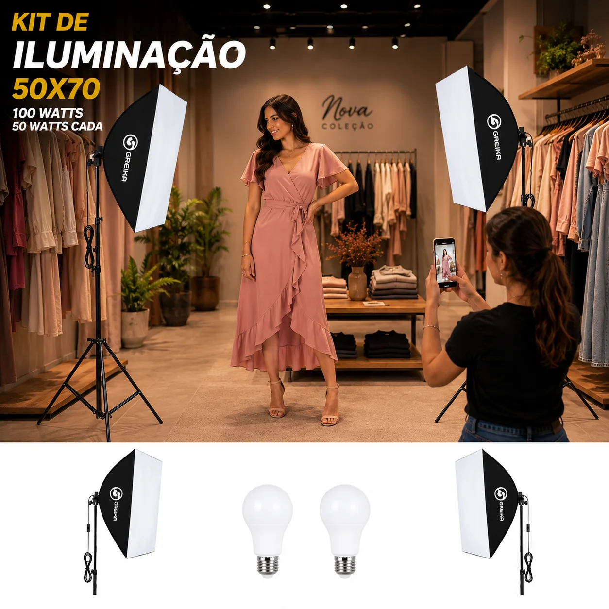 Kit Iluminação 2 Softbox 50x70 Greika+Tripe 2m+ 2 lâmpadas 50w