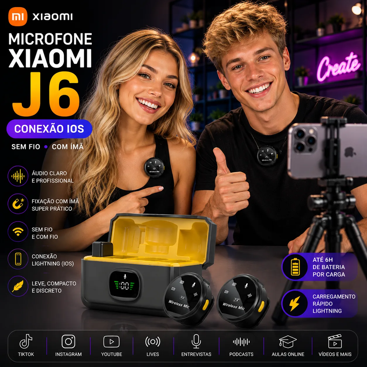 Microfone de Lapela Xiaomi J6 Conexão IOS
