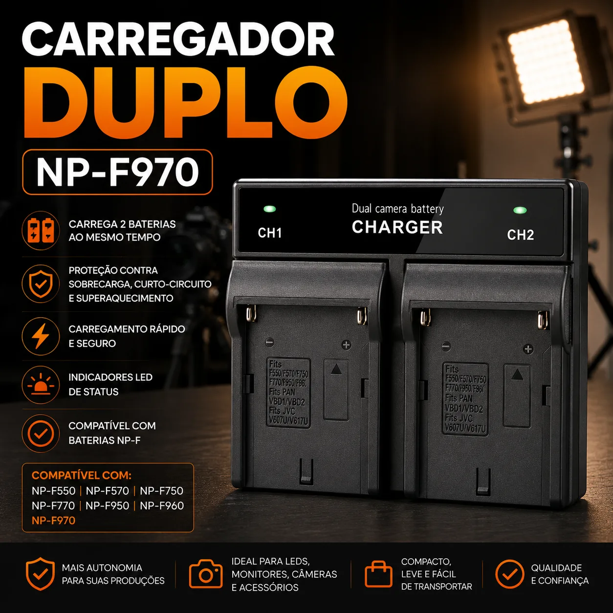 Carregador Duplo para Bateria de Led NP-F970