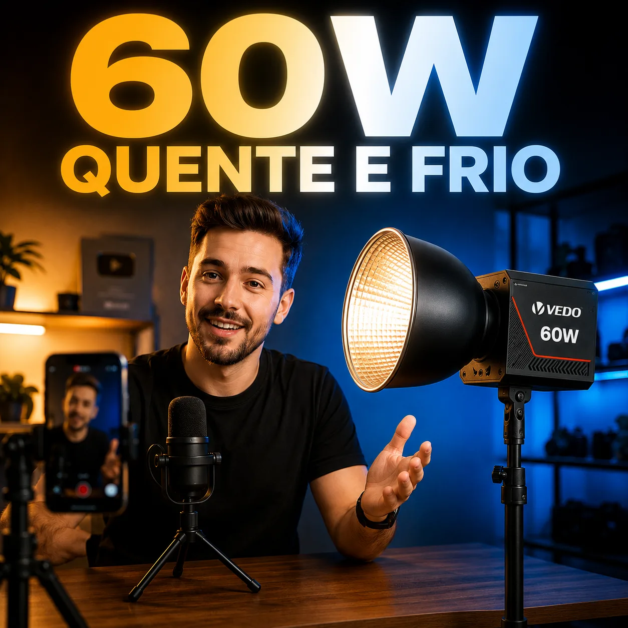 Luz de Preenchimento LED VEDO 60W Luz Quente e Frio + Bateria Interna Recarregável