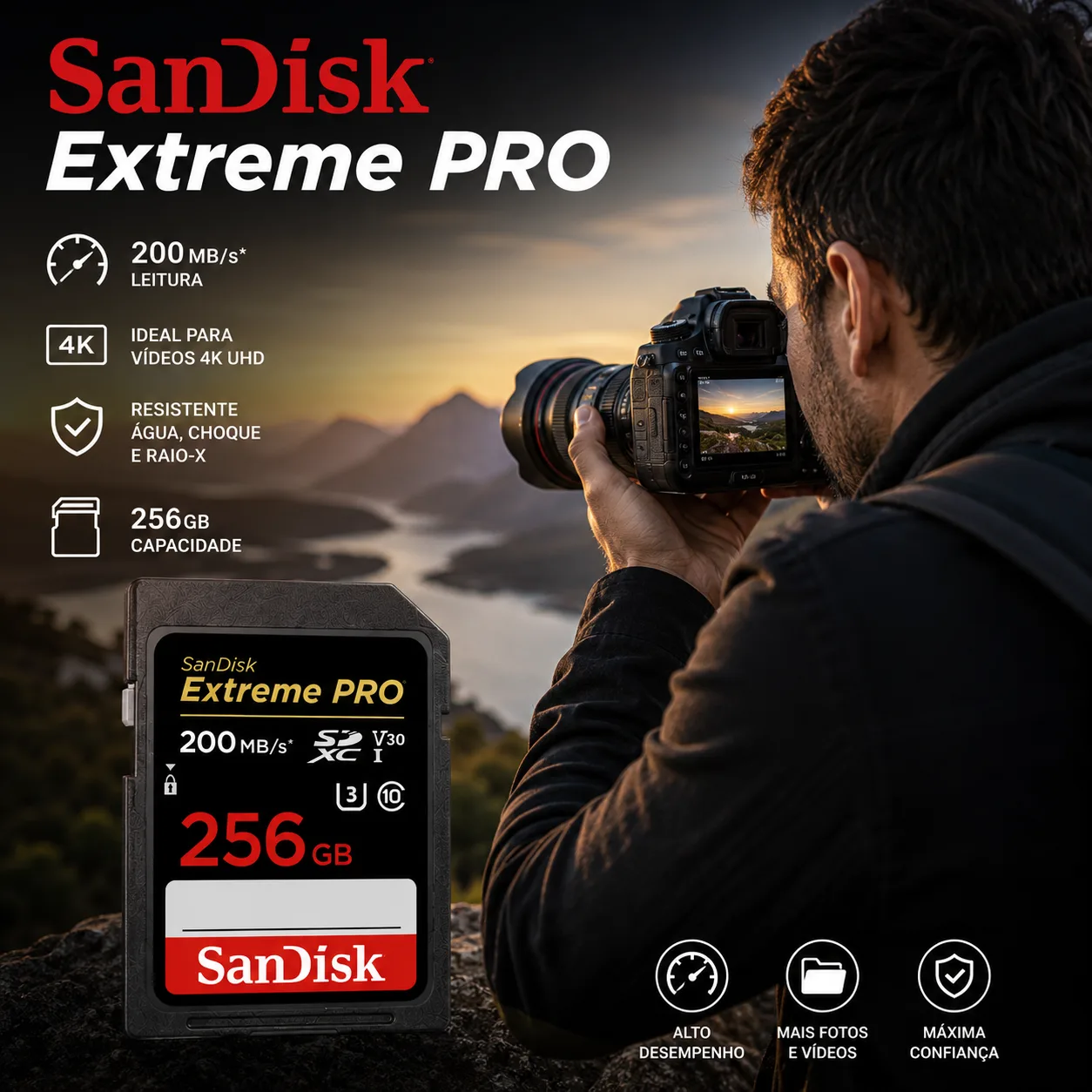 Cartão de Memória Sandisk SD 256gb Extreme Pro 200 mb/s