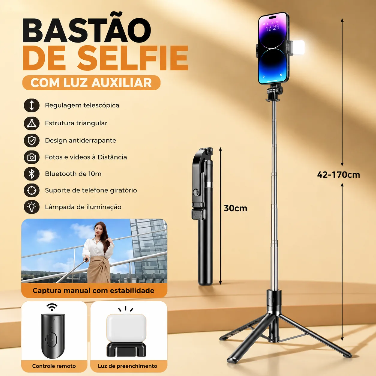 Tripé Bastão Selfie com Controle Remoto e Luz Auxiliar