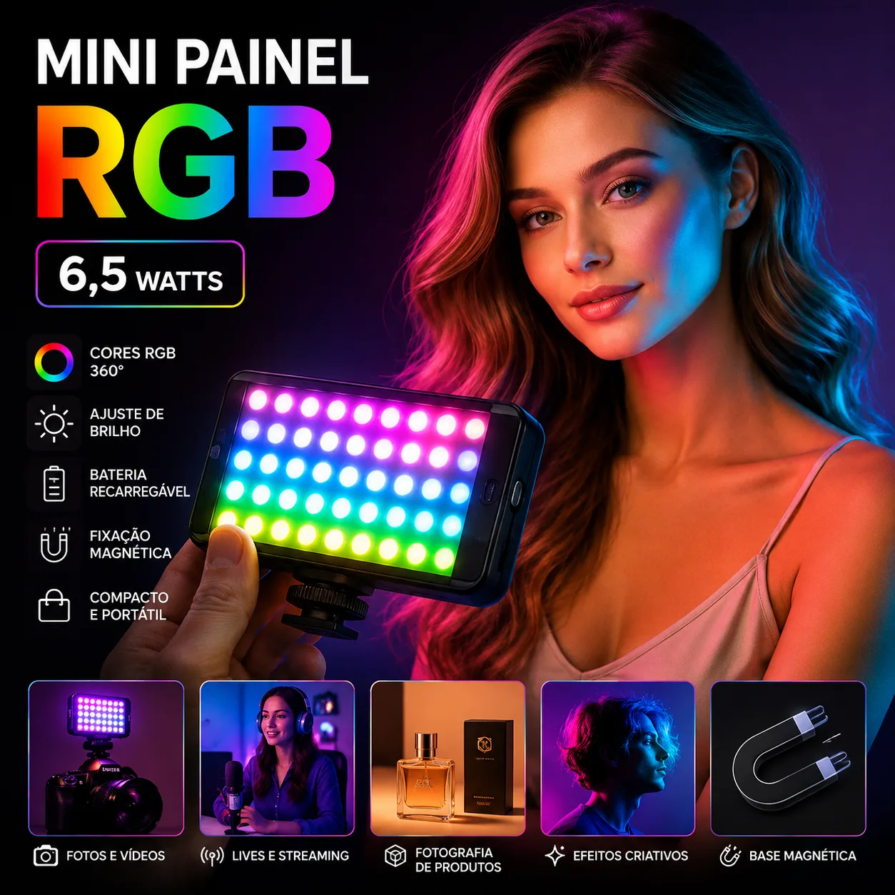 Mini Painel de Led Tomate com Luz RGB Quente e Frio