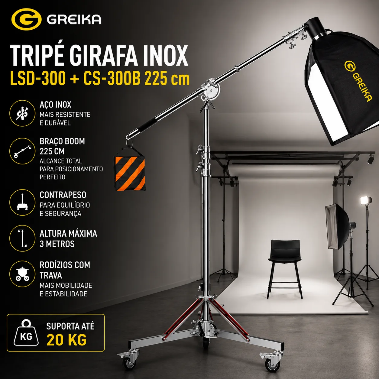 Tripe Girafa com Rodinhas Alcançe 3 Metros + Braço Boom Extensão 225cm